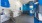 a pet grooming station with a few blue and white walls
